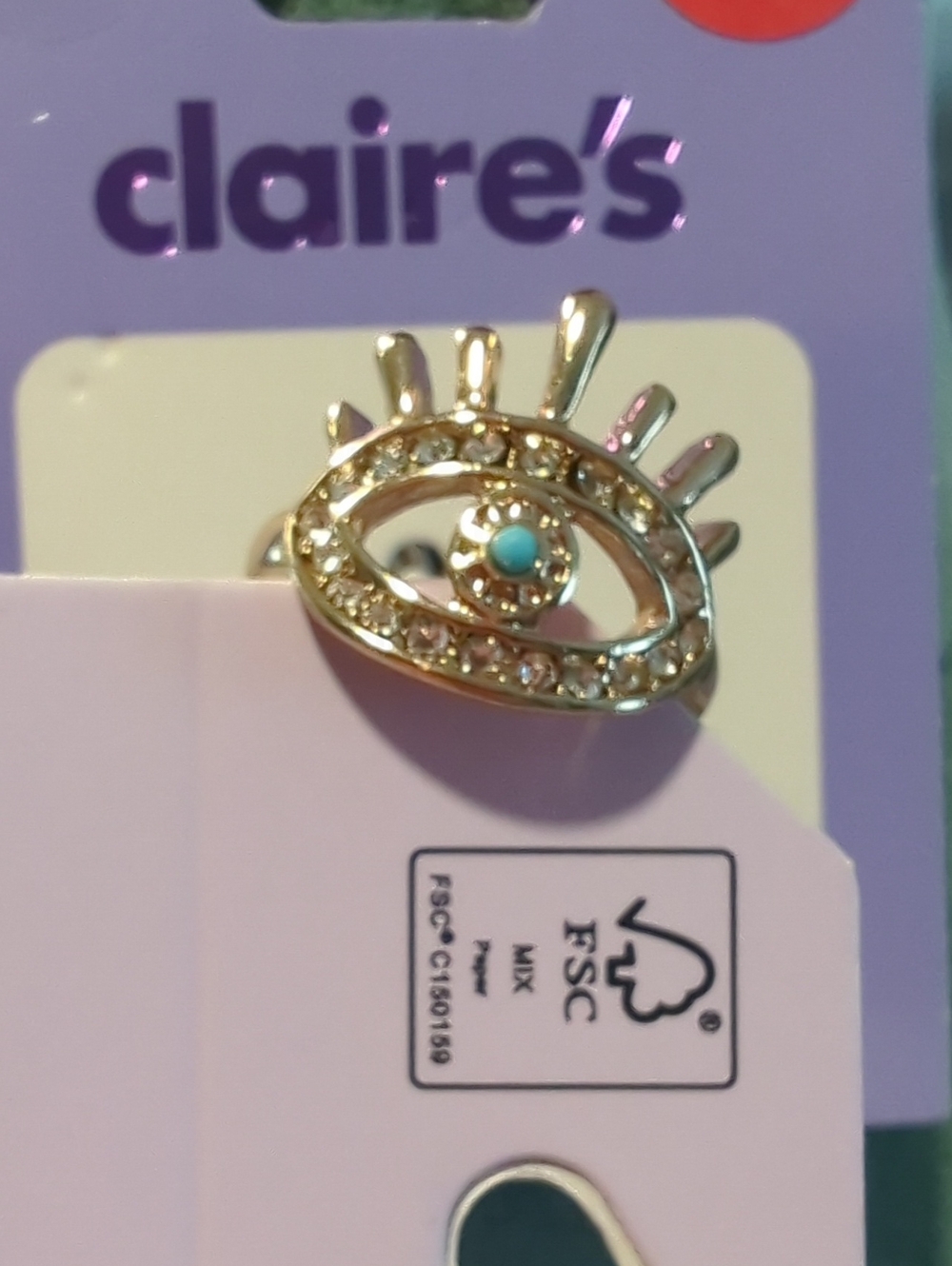 Claire's Gold Eye Ring with Turquoise Center and Clear Crystals Size 7